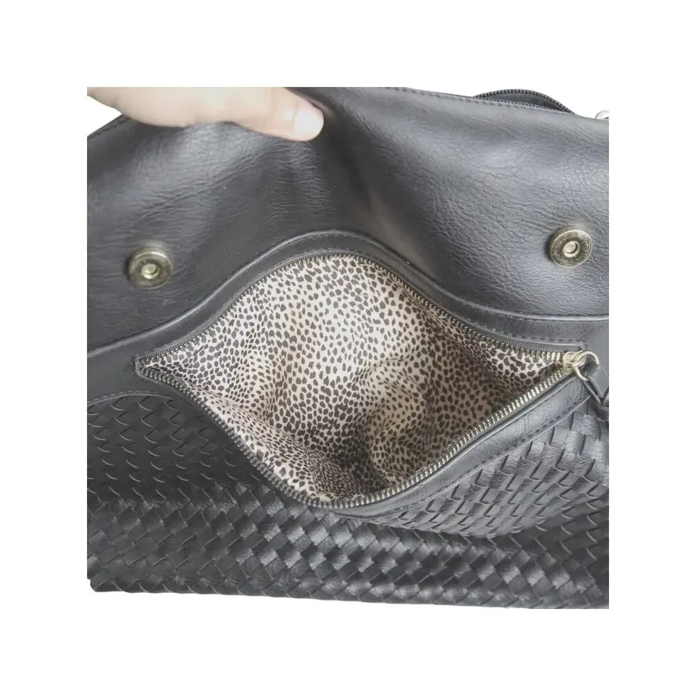 Black Woven Faux Leather Backpack Tote Animal Print Lining Laptop School Bag